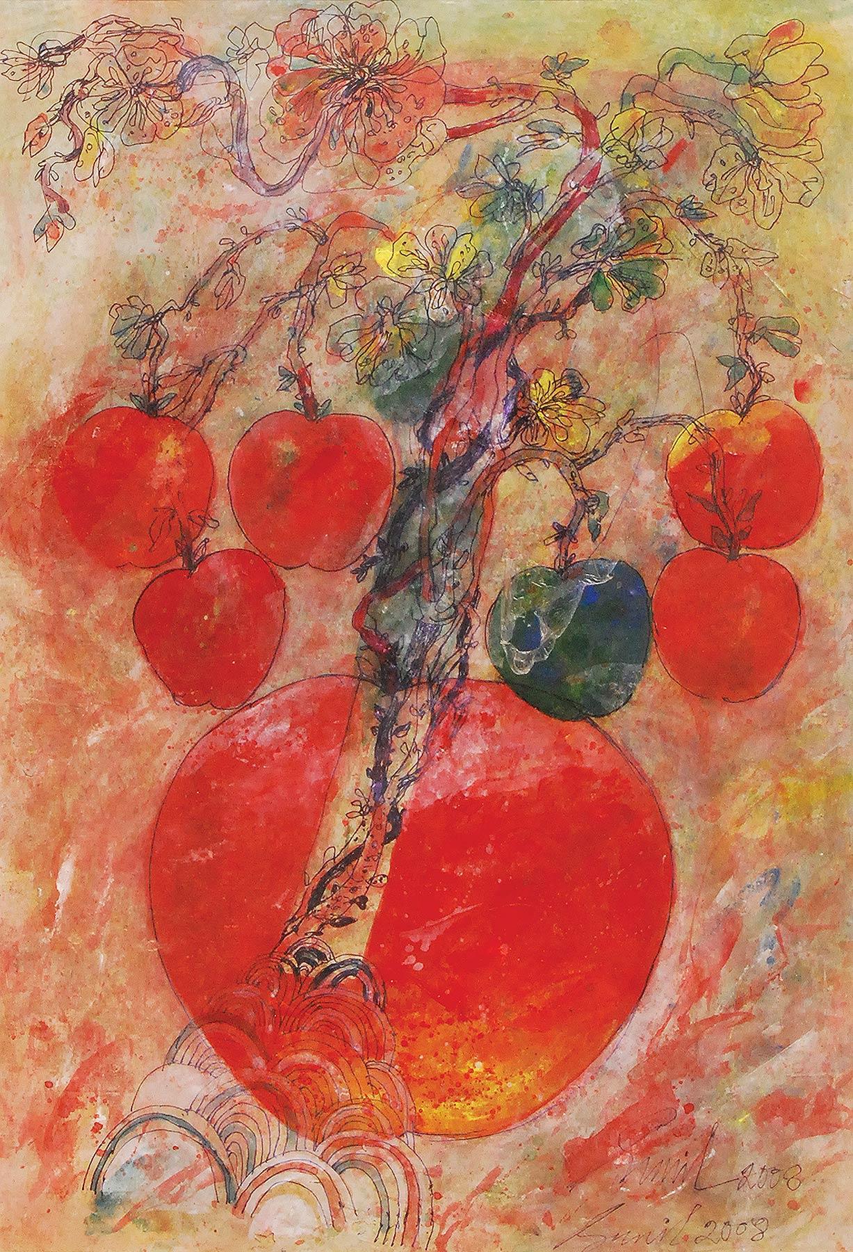 Sunil Das Interior Painting - Apples, Mixed Media on Paper, Red, Green, Blue, Yellow by Indian Artist"In Stock"