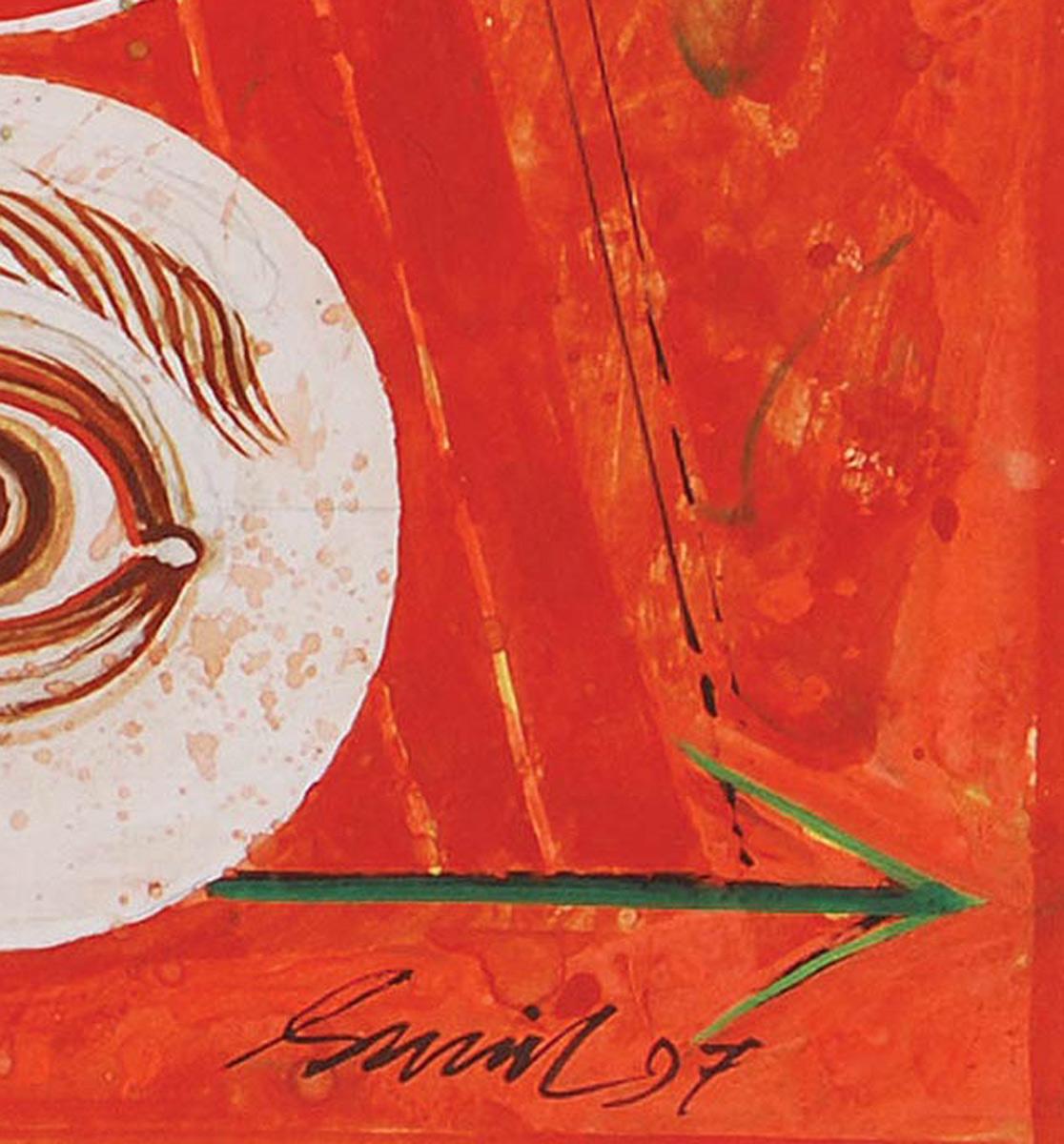 Durga 97, technique mixte sur panneau, rouge, jaune, vert par l'artiste indien « En stock » en vente 2