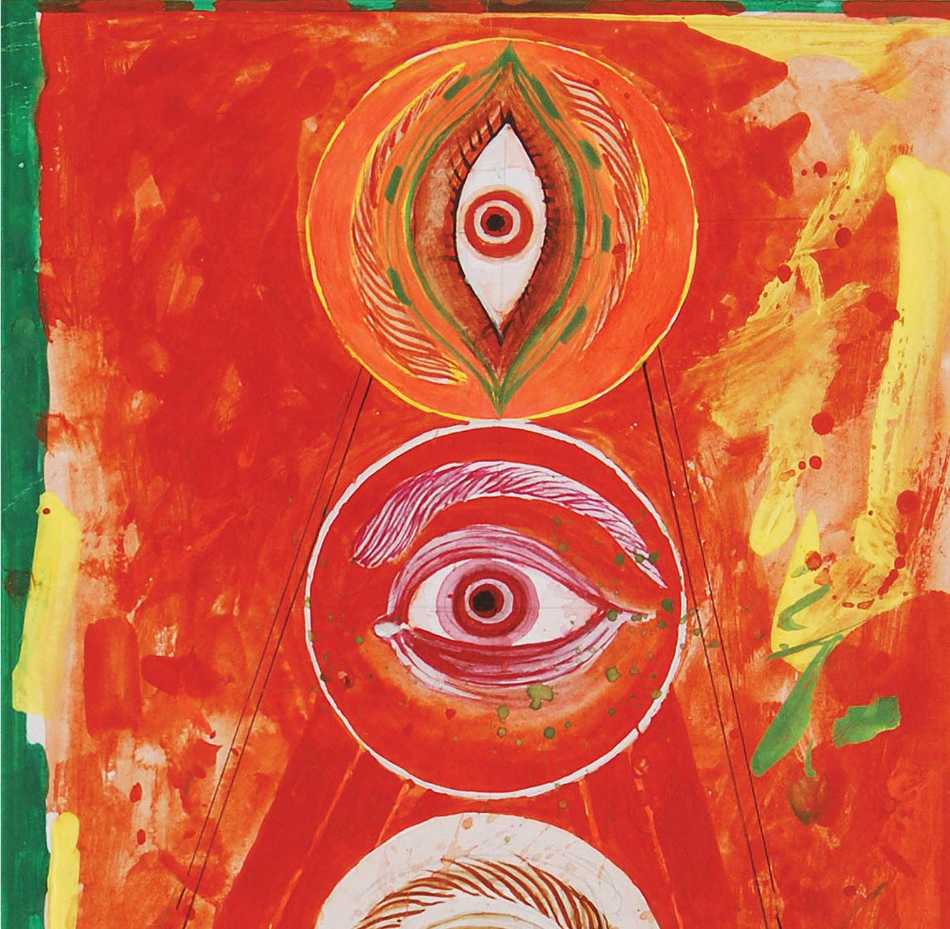 Durga 97, technique mixte sur panneau, rouge, jaune, vert par l'artiste indien « En stock » en vente 4