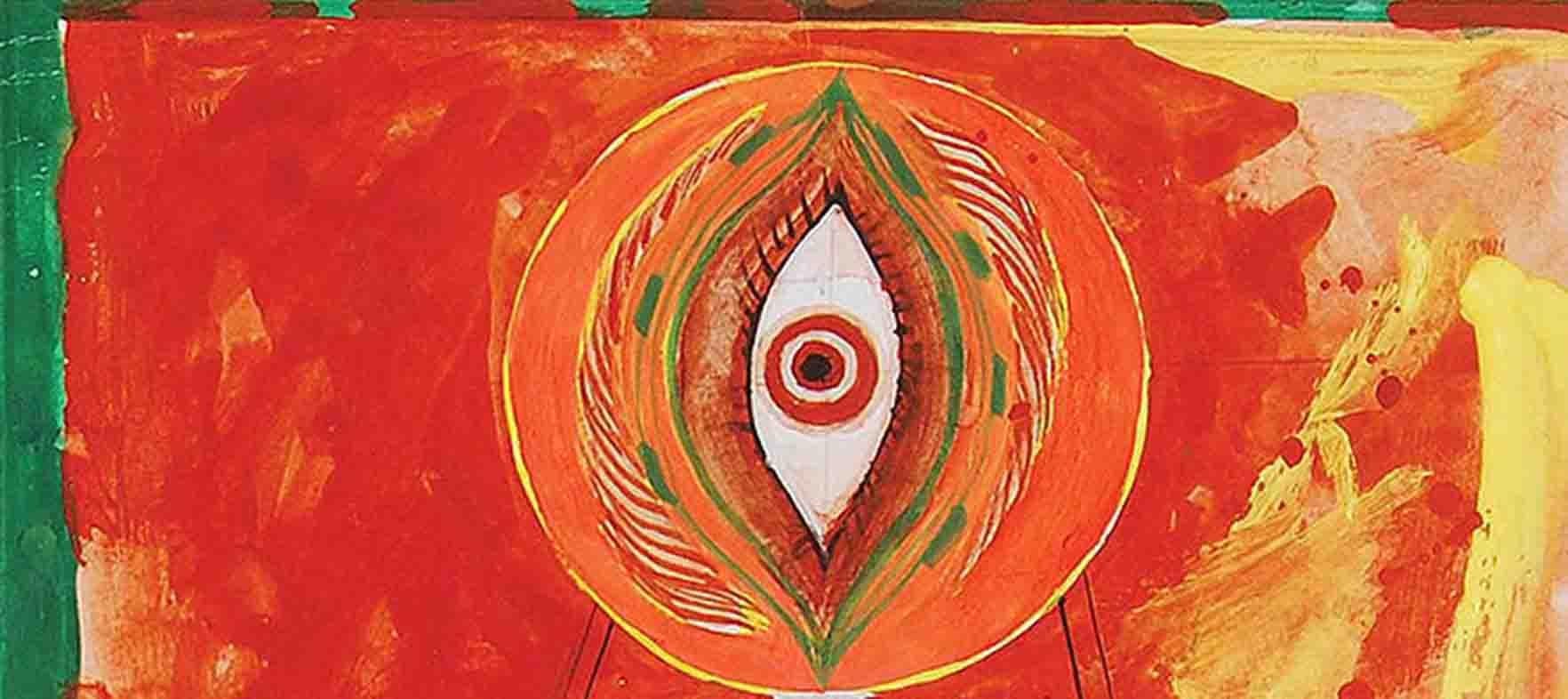 Durga 97, technique mixte sur panneau, rouge, jaune, vert par l'artiste indien « En stock » - Moderne Mixed Media Art par Sunil Das