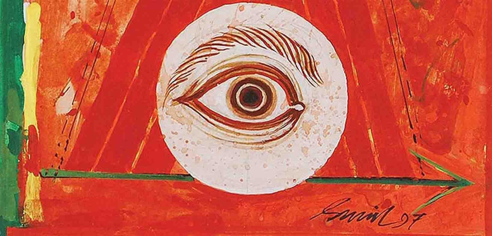 Durga 97, tecnica mista su tavola, rosso, giallo, verde di Artista Indiano 