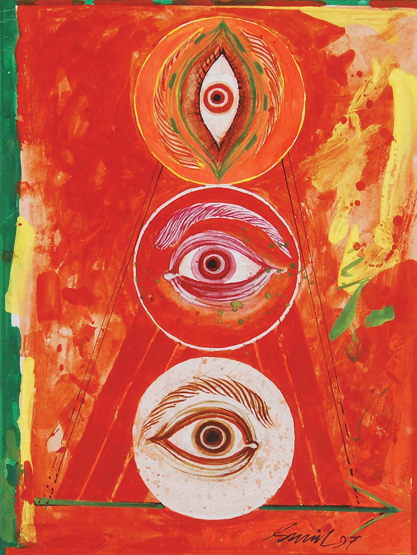 Durga 97, technique mixte sur panneau, rouge, jaune, vert par l'artiste indien « En stock » - Mixed Media Art de Sunil Das
