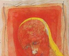 Tête de lit I, technique mixte sur panneau, rouge, jaune, de l'artiste indien Padma Shree (en stock)