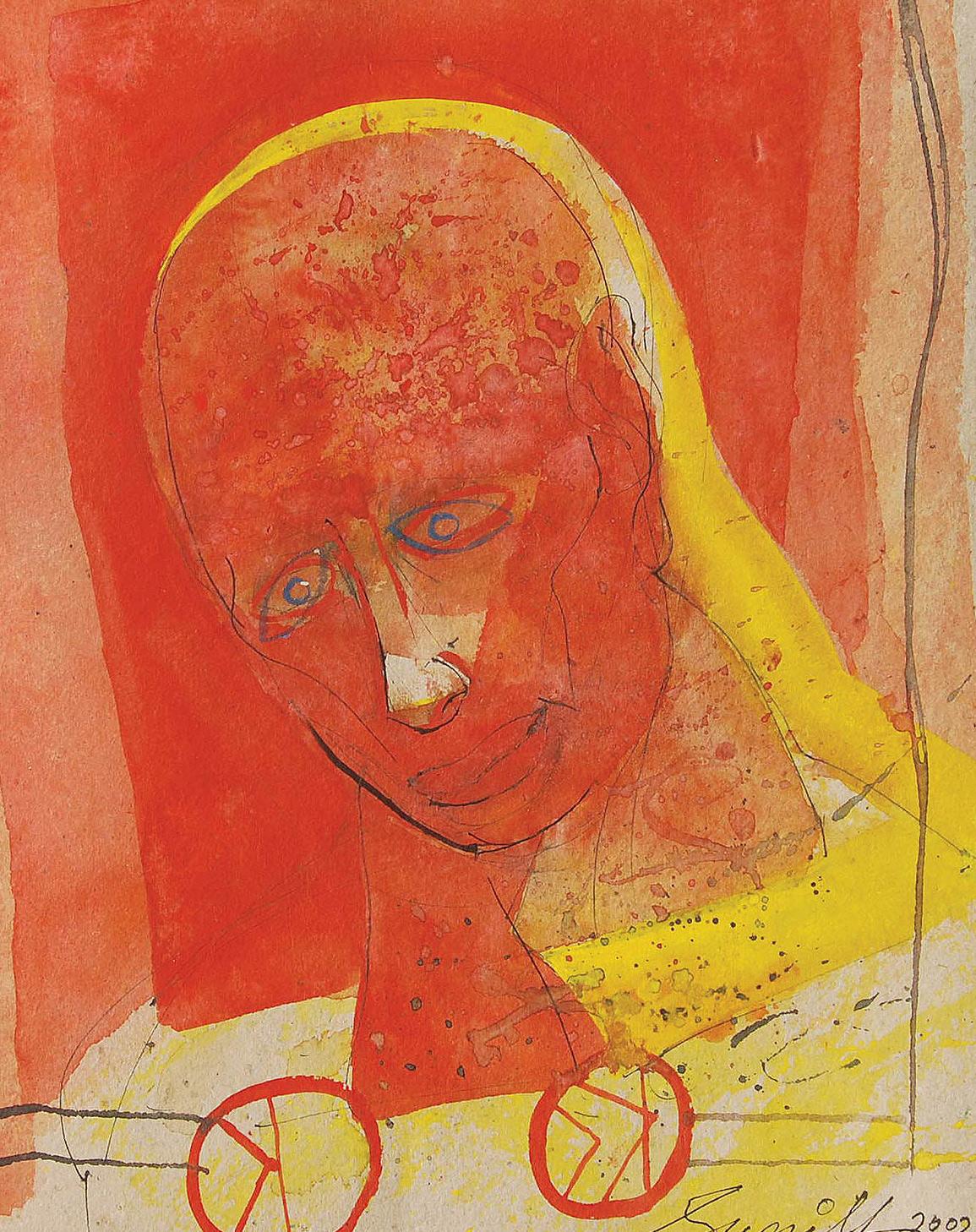 Head I, Mixed Media on Board, Red, Yellow by Indian Padma Shree Artist