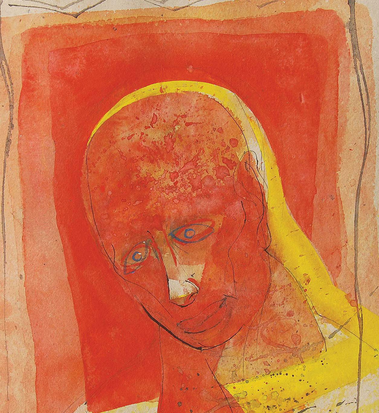 Head I, Mixed Media on Board, Red, Yellow by Indian Padma Shree Artist