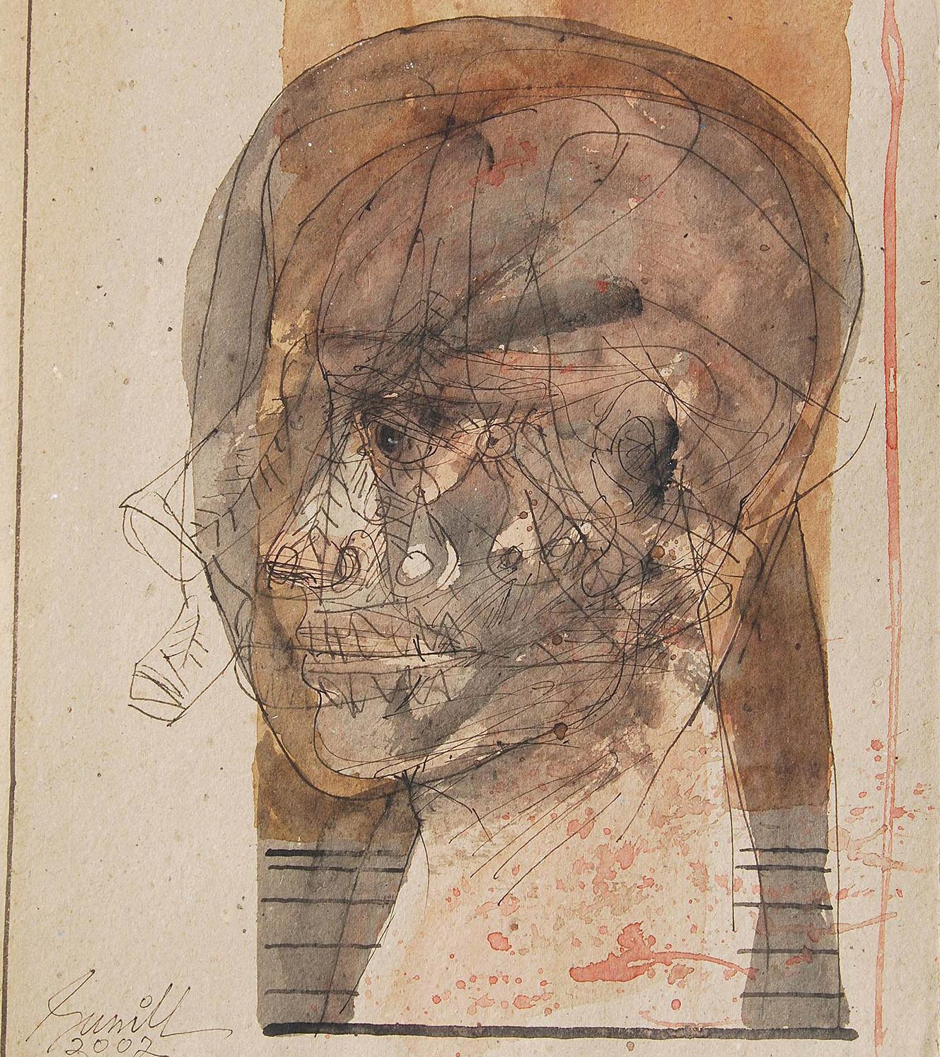 Head II, Mixed Media on Board, Brown, Black by Master Indian Artist 