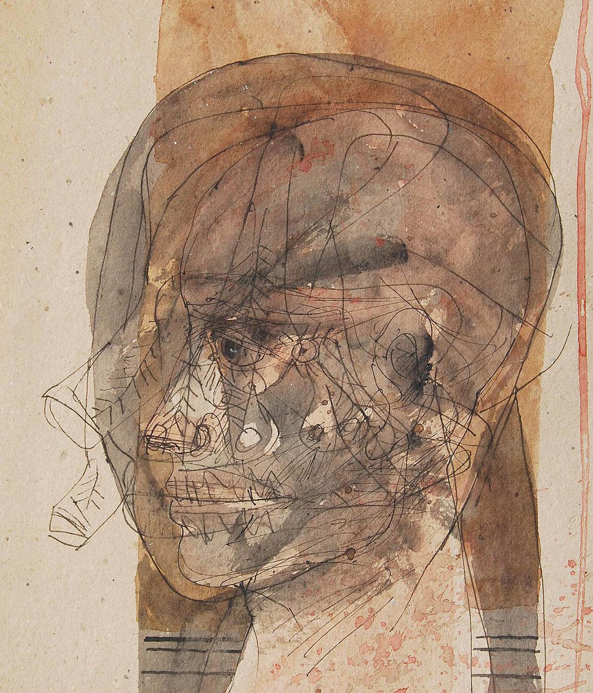 Tête de lit II, technique mixte sur panneau, marron, noir, de l'artiste indien maître, en stock en vente 3