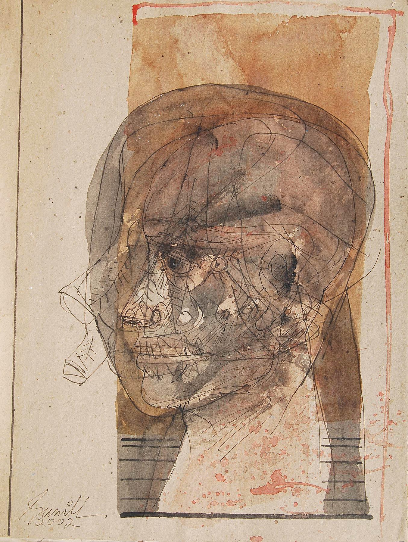 Head II, Mixed Media on Board, Brown, Black by Master Indian Artist "In Stock" - Mixed Media Art by Sunil Das