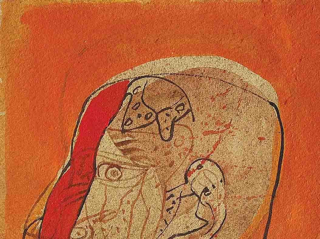 Tête de lit III, technique mixte sur panneau, rouge, marron, noir par Sunil Das « En stock » en vente 1