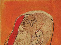 Testa III, tecnica mista su tavola, rosso, marrone, nero di Sunil Das "In magazzino".