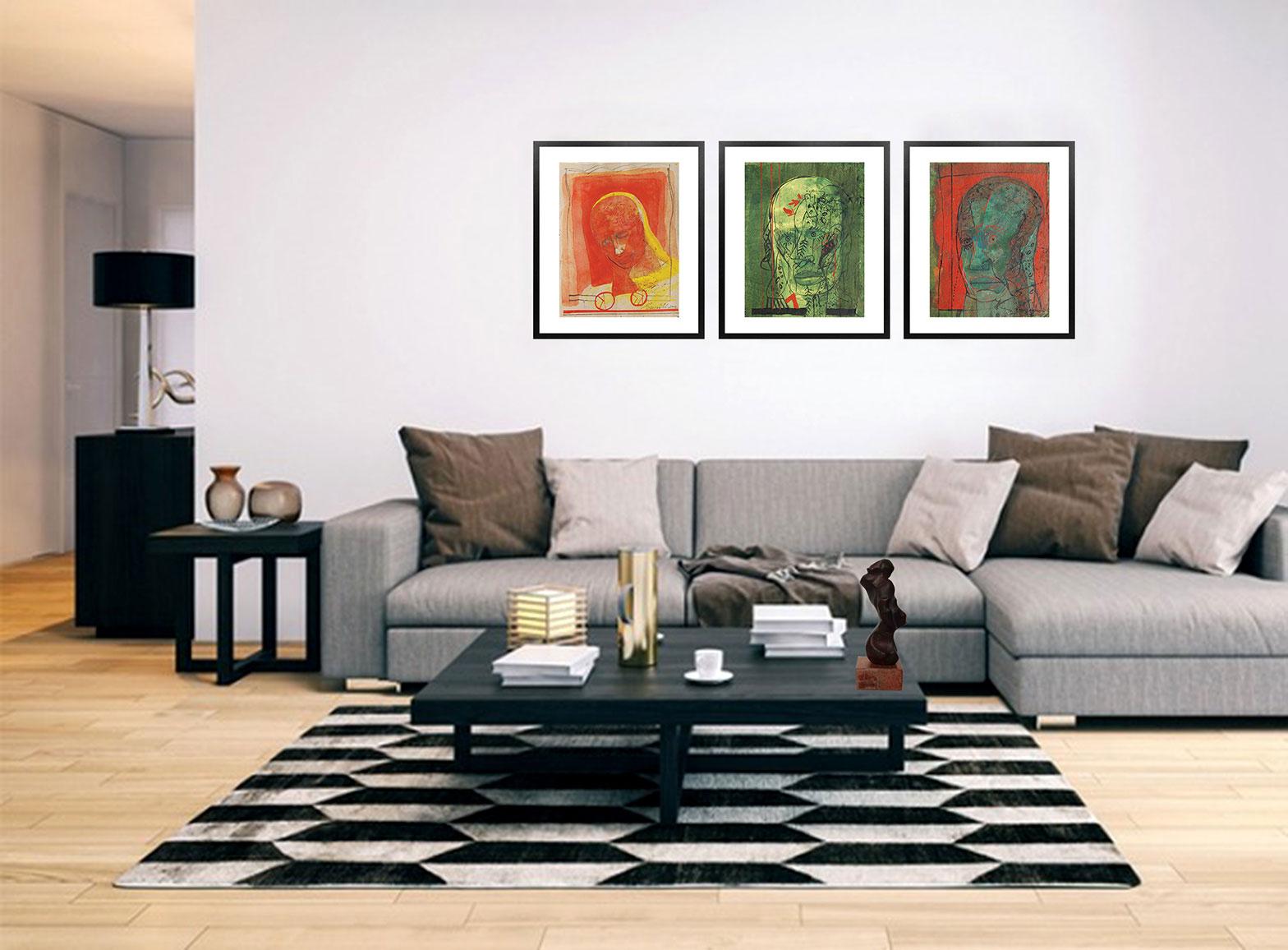 Tête de lit III, technique mixte sur panneau, rouge, marron, noir par Sunil Das « En stock » en vente 6