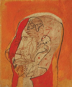 Used Head III, Mixed Media on Board, Red, Brown, Black by Sunil Das "In Stock"