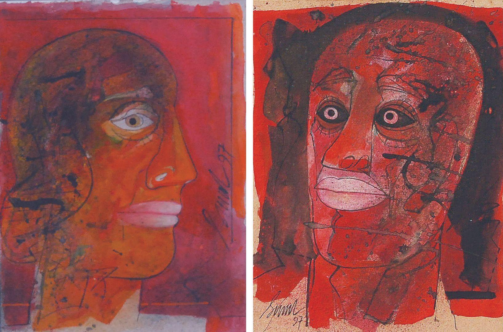 Serie Kopfkopf-Serie, Mixed Media auf Karton der modernen Künstlerin Sunil Das „In Stock“
