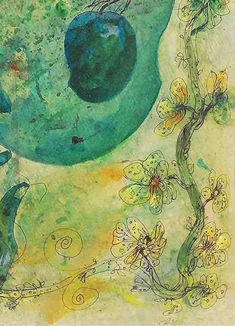 Mangoes, Mixed Media on Paper, Green, Blue, Yellow by Artist Sunil Das