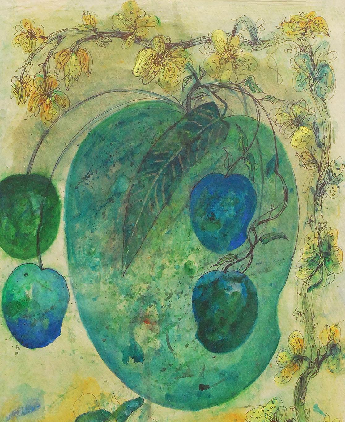 Mangoes, Mixed Media on Paper, Green, Blue, Yellow by Artist Sunil Das
