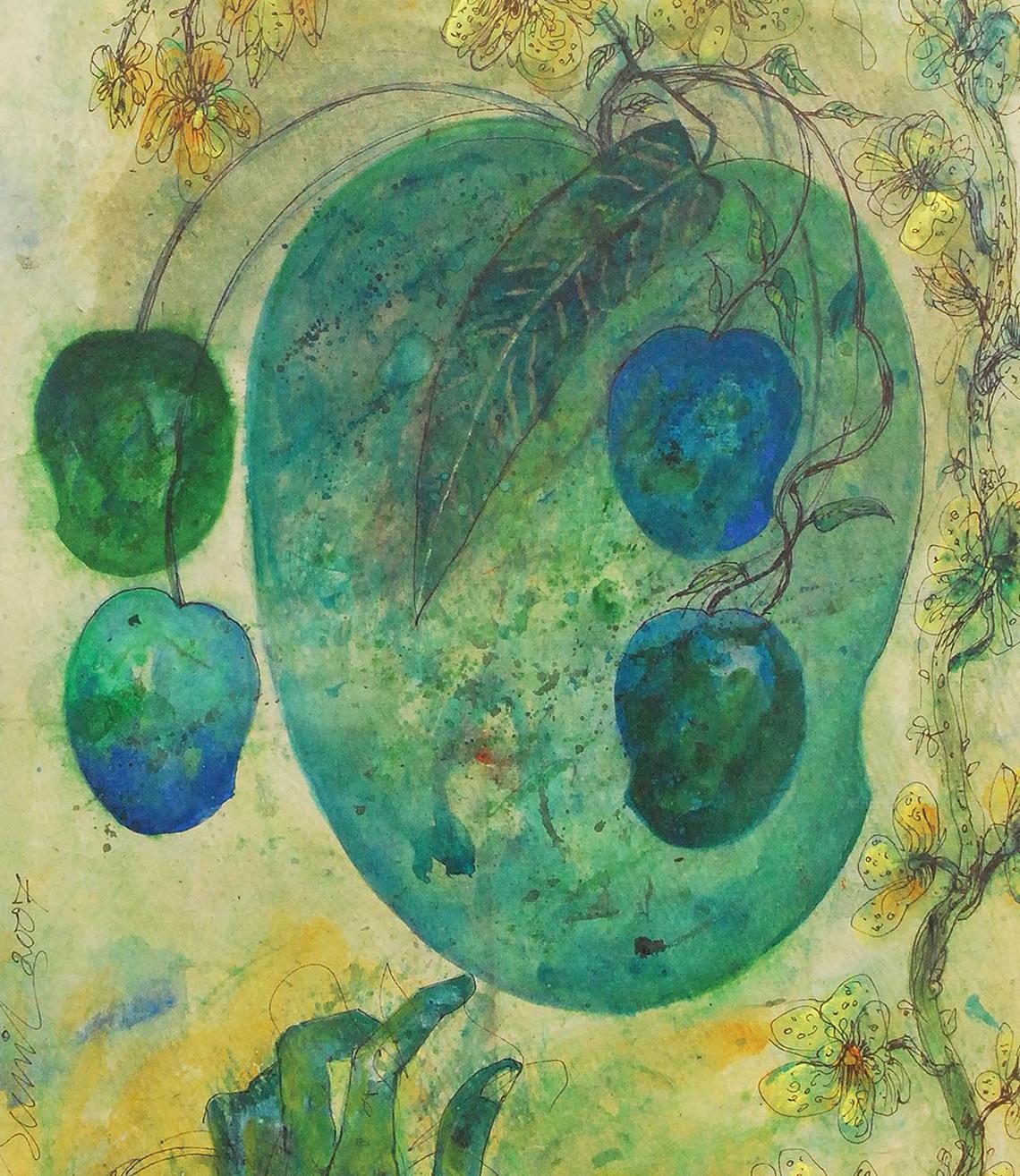 Mangoes, Mixed Media on Paper, Green, Blue, Yellow by Artist Sunil Das