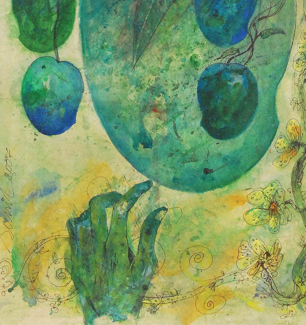 Mangoes, Mixed Media on Paper, Green, Blue, Yellow by Artist Sunil Das