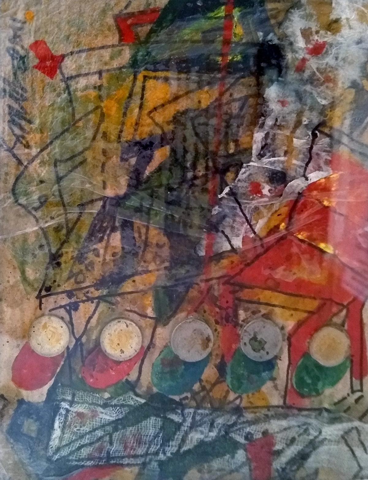 Unique, Acrylic, Coins, on Board, Red and Green Color by  Sunil Das "In Stock"