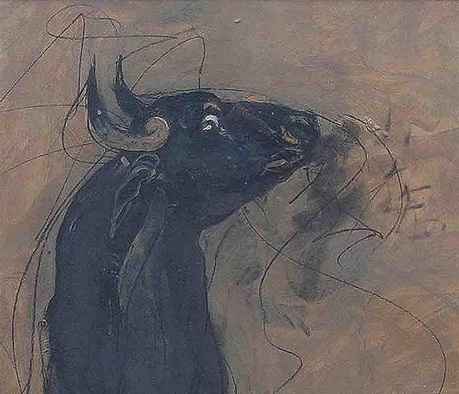 Bull, Black Brown, Charcoal Oil on Board by Indian Master 'In Stock' - Modern Mixed Media Art by Sunil Das