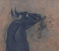 Bull, Black Brown, Charcoal Oil on Board by Indian Master 'In Stock'
