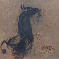Bull , Charcoal, Oil on Board, Black, Brown, Grey Color by Sunil Das "In Stock"