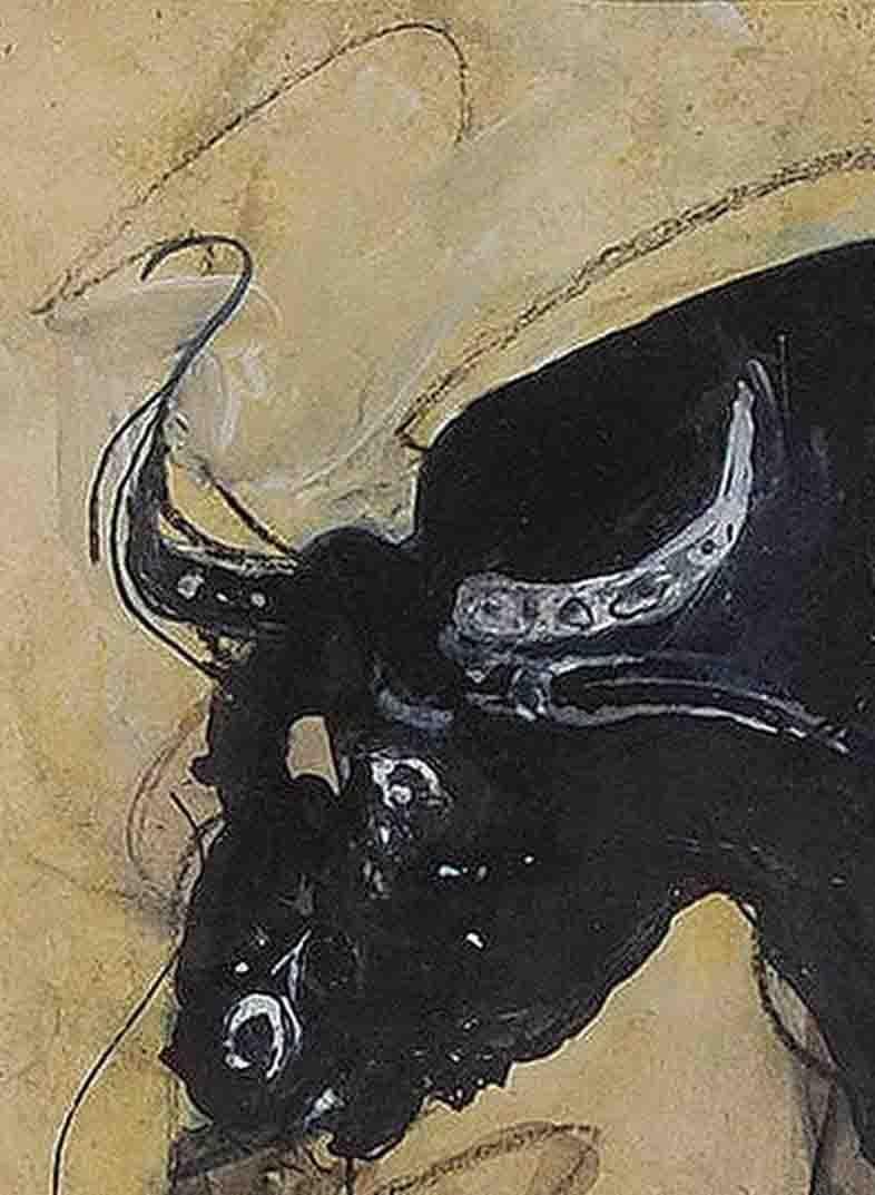 Sunil Das - Bull II - 7 x 8 inches (unframed size)
Charcoal, Acrylic, Mixed Media on paper
Master Artist Sunil Das got inspired by the bullfighting upon his visit to Spain. 
So followed a series of works on bulls. Ever famous for his Bulls and