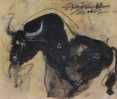 Bull II, Charcoal, Acrylic, Mixed Media by Padma Shree Sunil Das "In Stock"