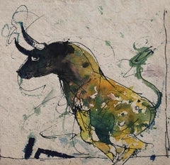 Bull, Acrylic, Watercolor , Green, Yellow by Indian Artist Sunil Das "In Stock"