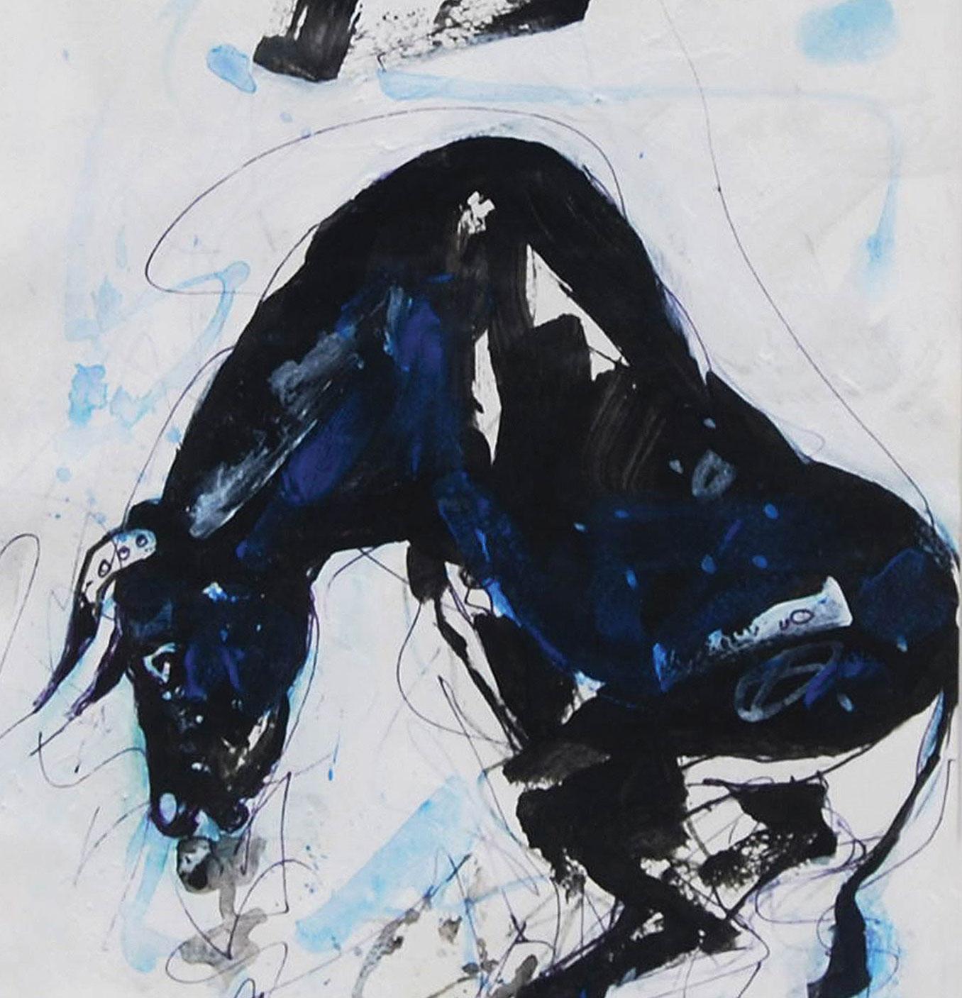 Bull, Mixed Media on paper, Blue, Black, White by Modern Indian Artist
