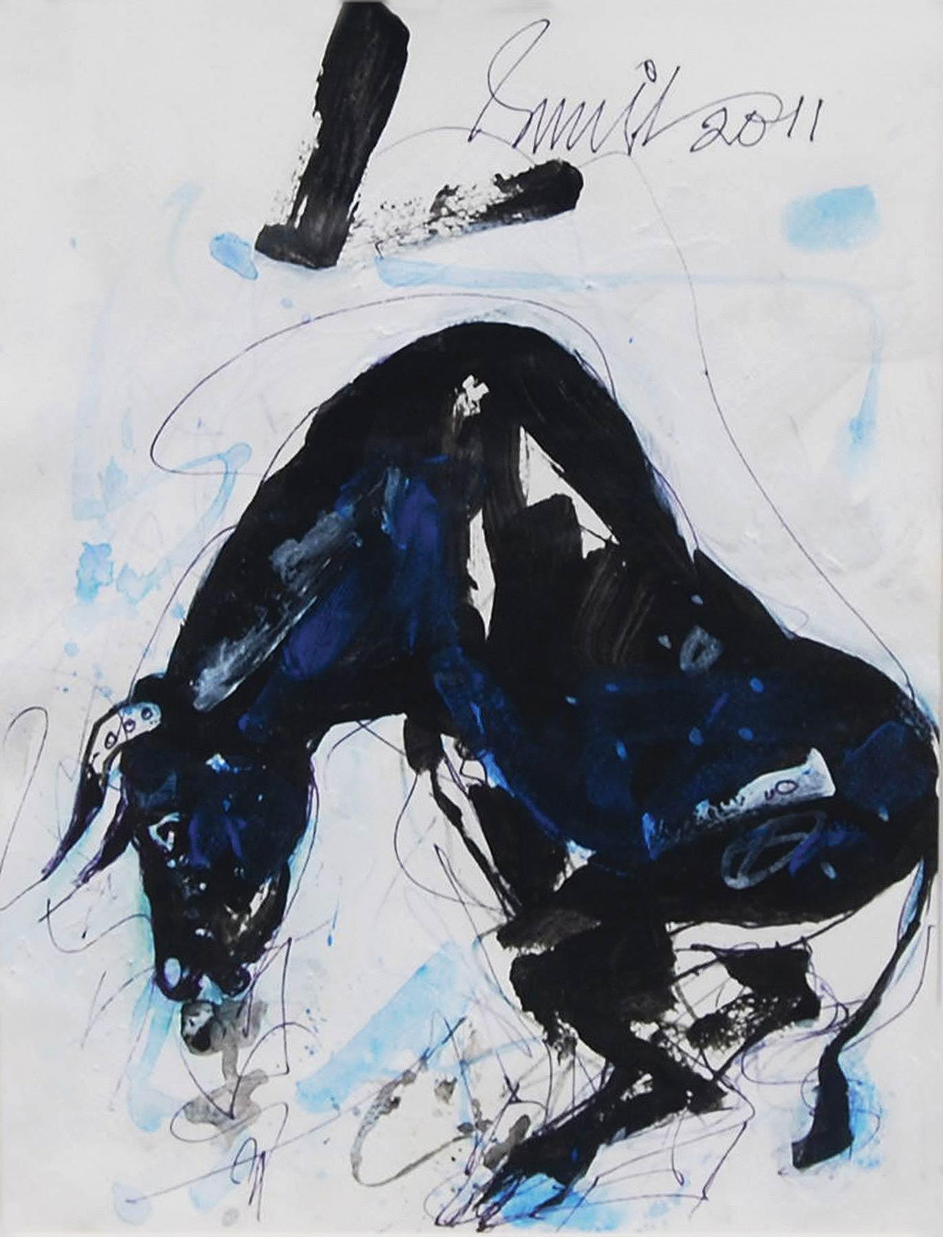 Bull, Mixed Media on paper, Blue, Black, White by Modern Indian Artist"In Stock" - Mixed Media Art by Sunil Das