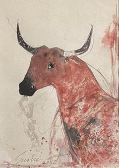 Bull, Mixed Media on Paper by Artist Sunil Das "In Stock"