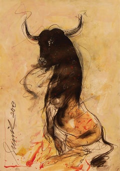 Bull, Mixed Media on Paper by Indian Artist Sunil Das "In Stock"