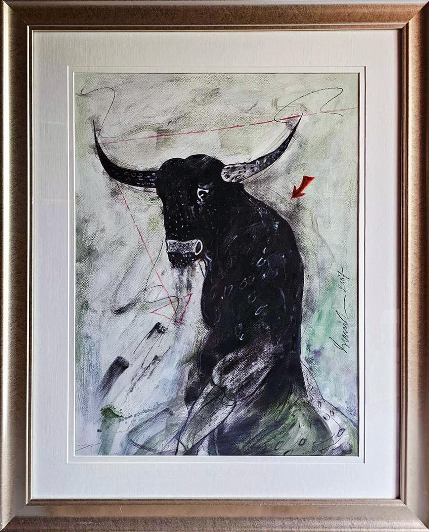 Toro, Técnica mixta sobre papel por el artista moderno indio Sunil Das 