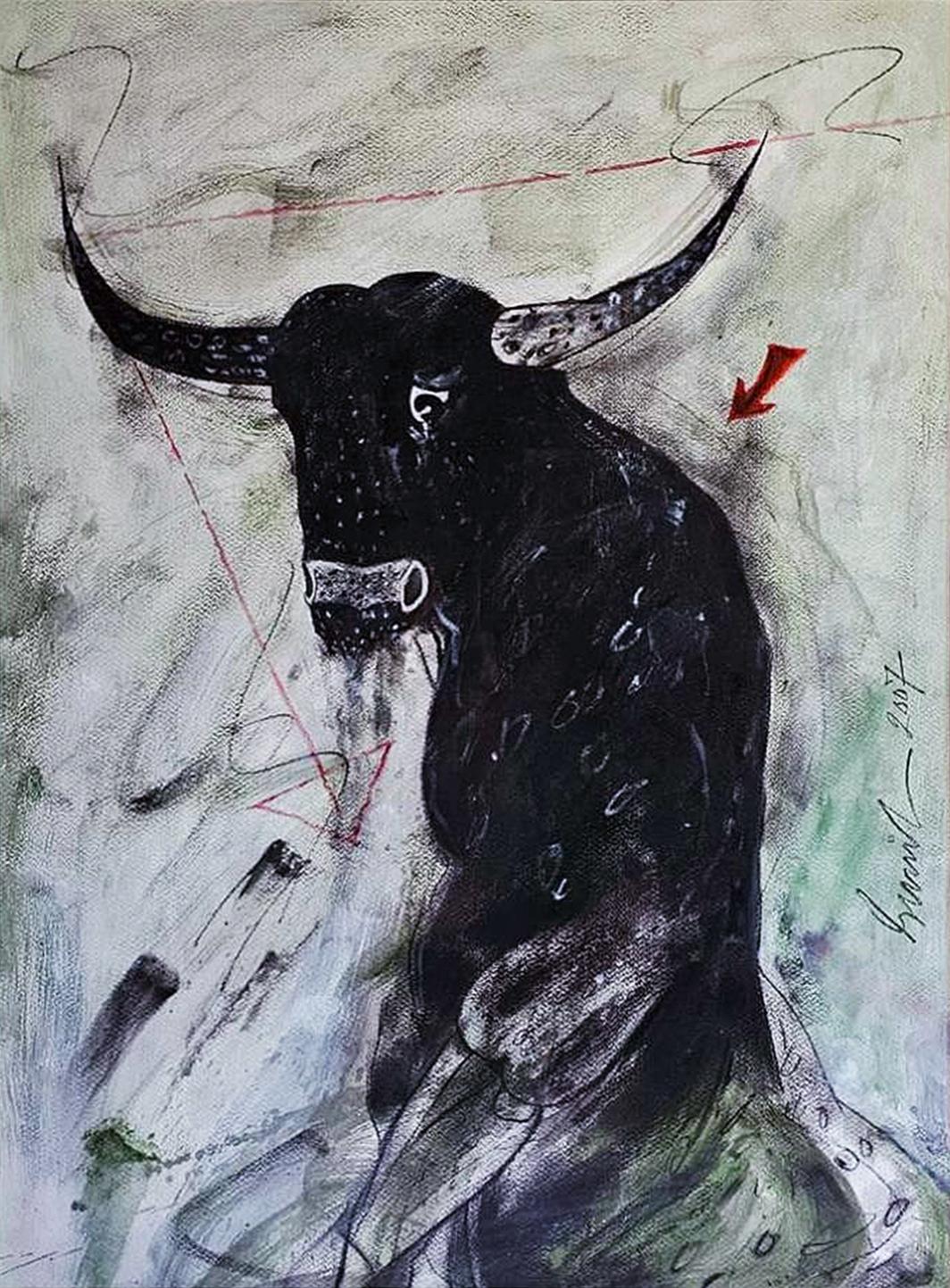 Toro, Técnica mixta sobre papel por el artista moderno indio Sunil Das "En Stock"