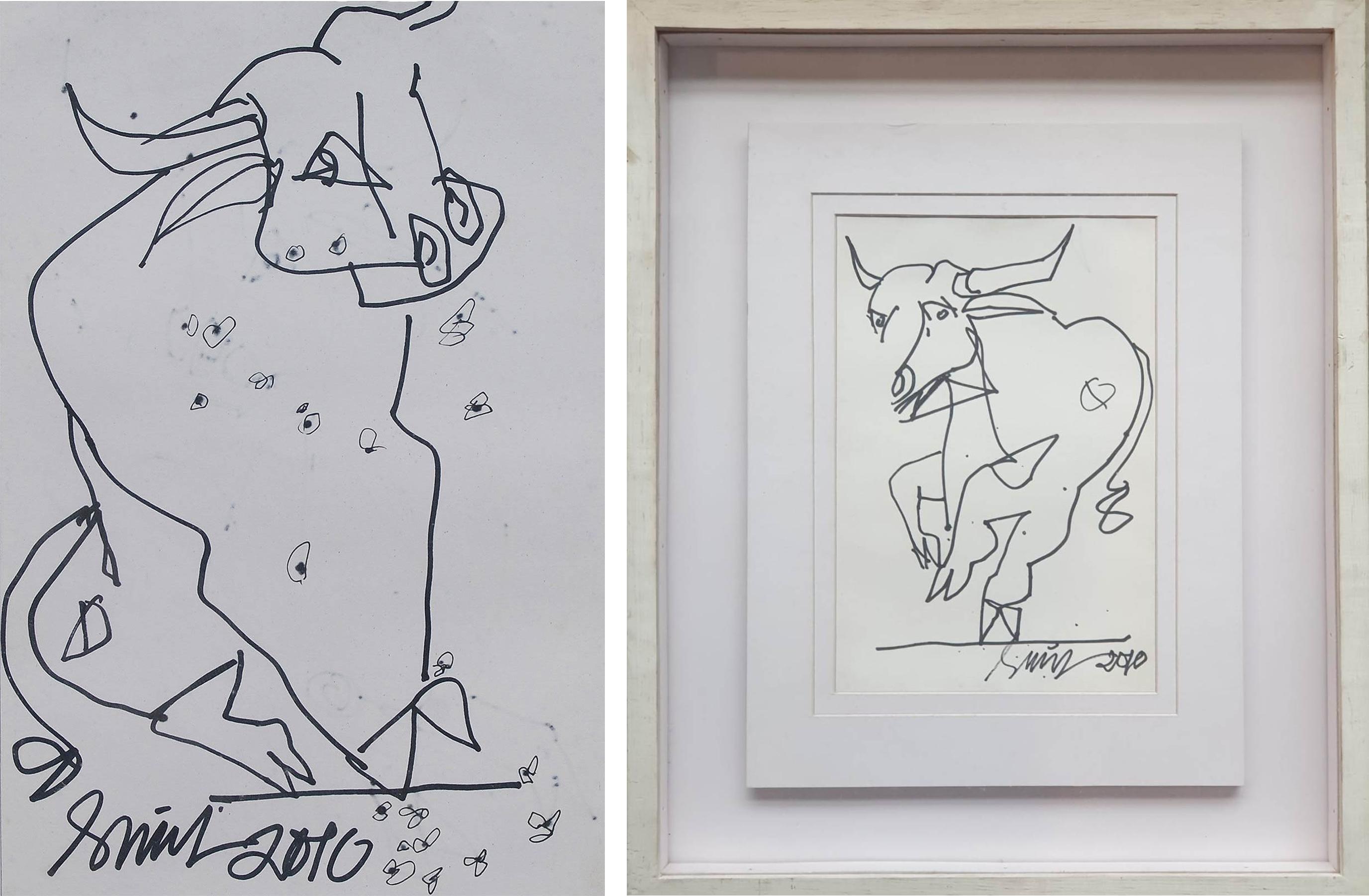 Bull Series, Pen & Ink on Paper (Set of 2) by Indian Artist Sunil Das "In Stock"