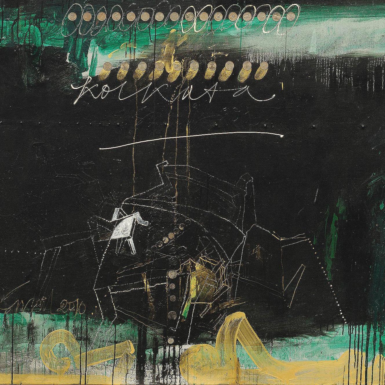 Arte Abstracto, Óleo, Acrílico, Monedas sobre Lienzo, Colores Verde, Negro, Dorado 