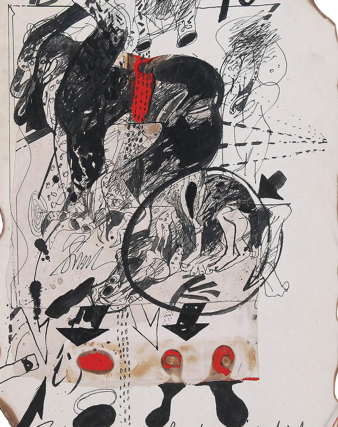 Collage based Drawings, Bull, Mixed Media on Board, Red, Black 