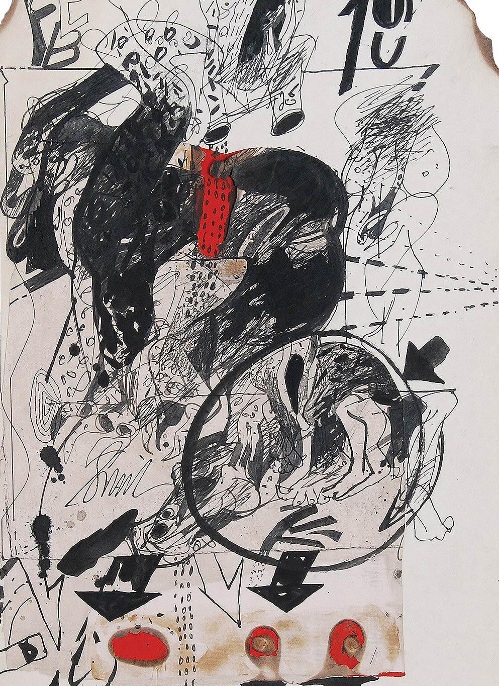 Collage based Drawings, Bull, Mixed Media on Board, Red, Black 