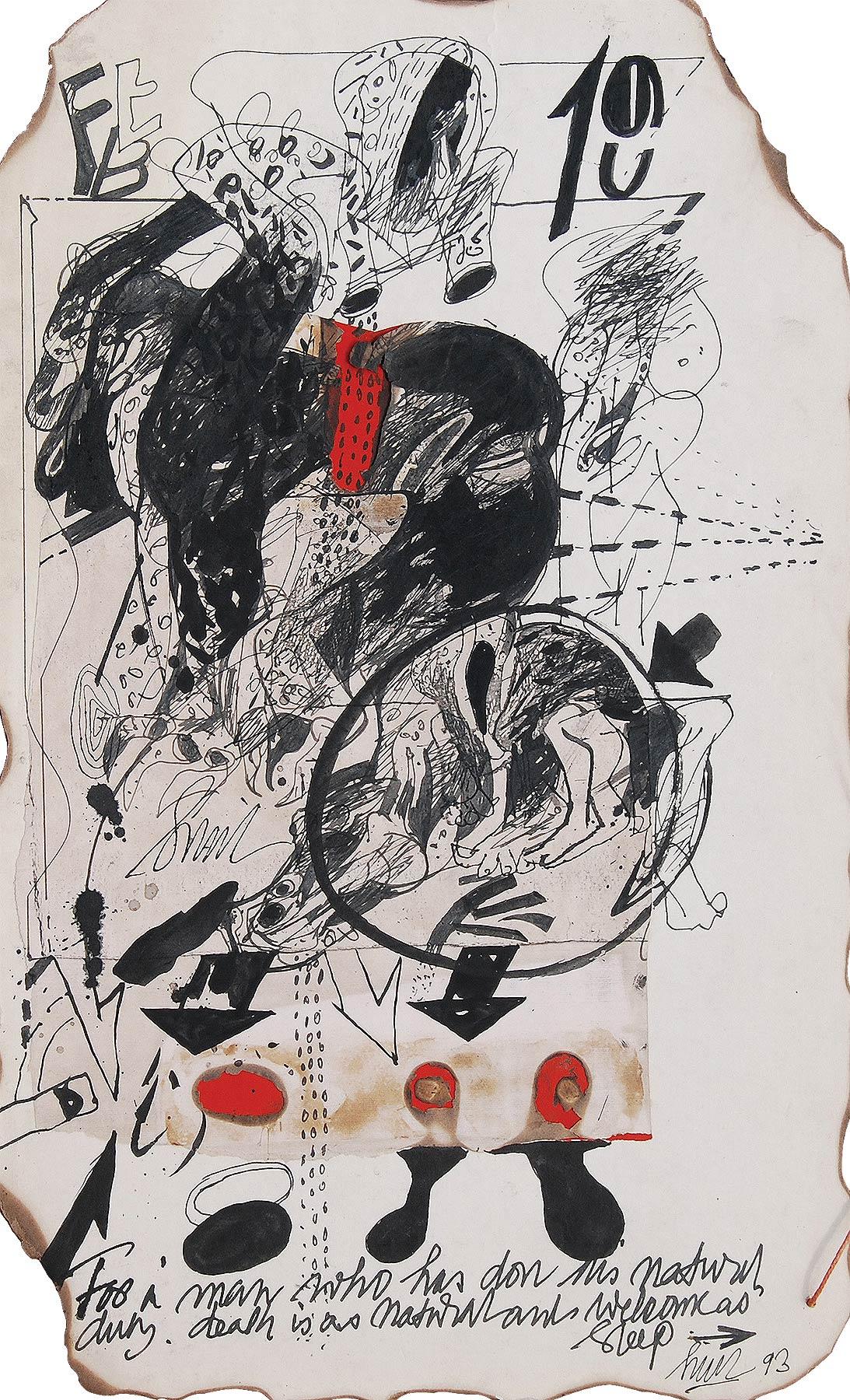 Collage based Drawings, Bull, Mixed Media on Board, Red, Black "In Stock"