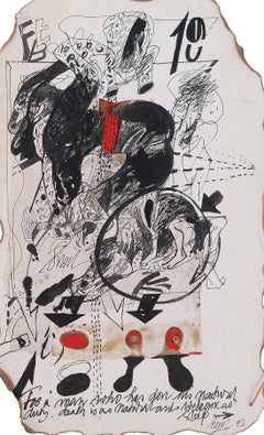 Used Collage based Drawings, Bull, Mixed Media on Board, Red, Black "In Stock"