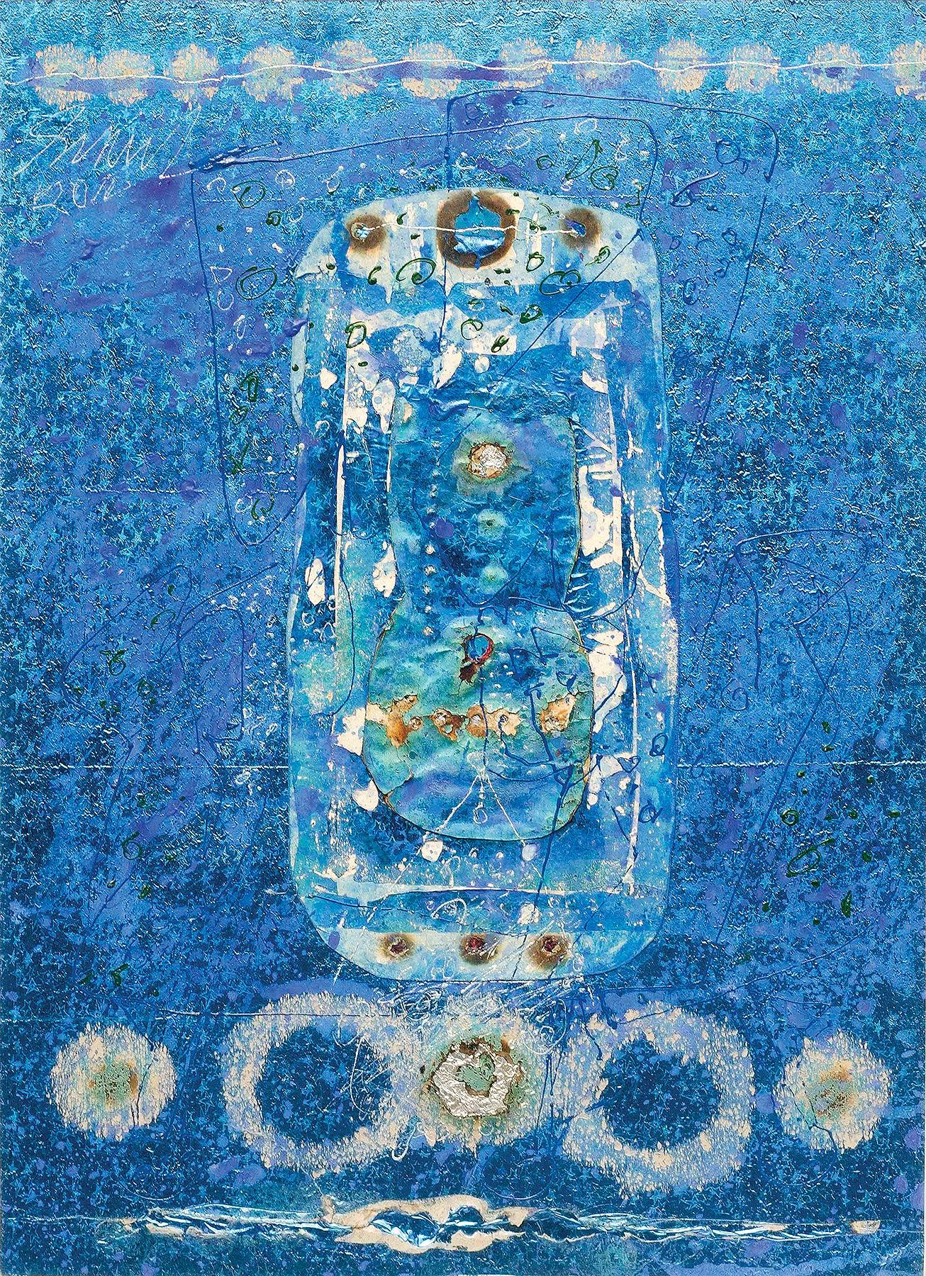 Collage Serie IX, Tecnica mista, Carta, Lamina, Acrilico, Blu, Bianco "In magazzino"