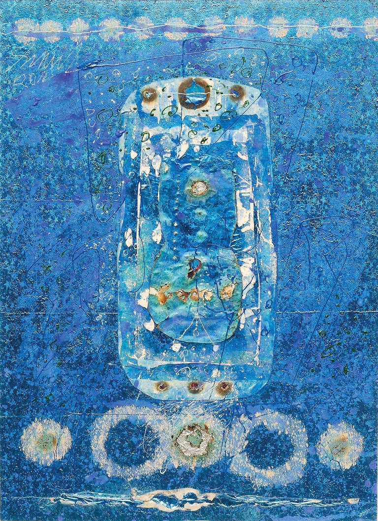 Sunil Das Collage Series IX, Mixed Media, Paper, Foil, Acrylic, Blue