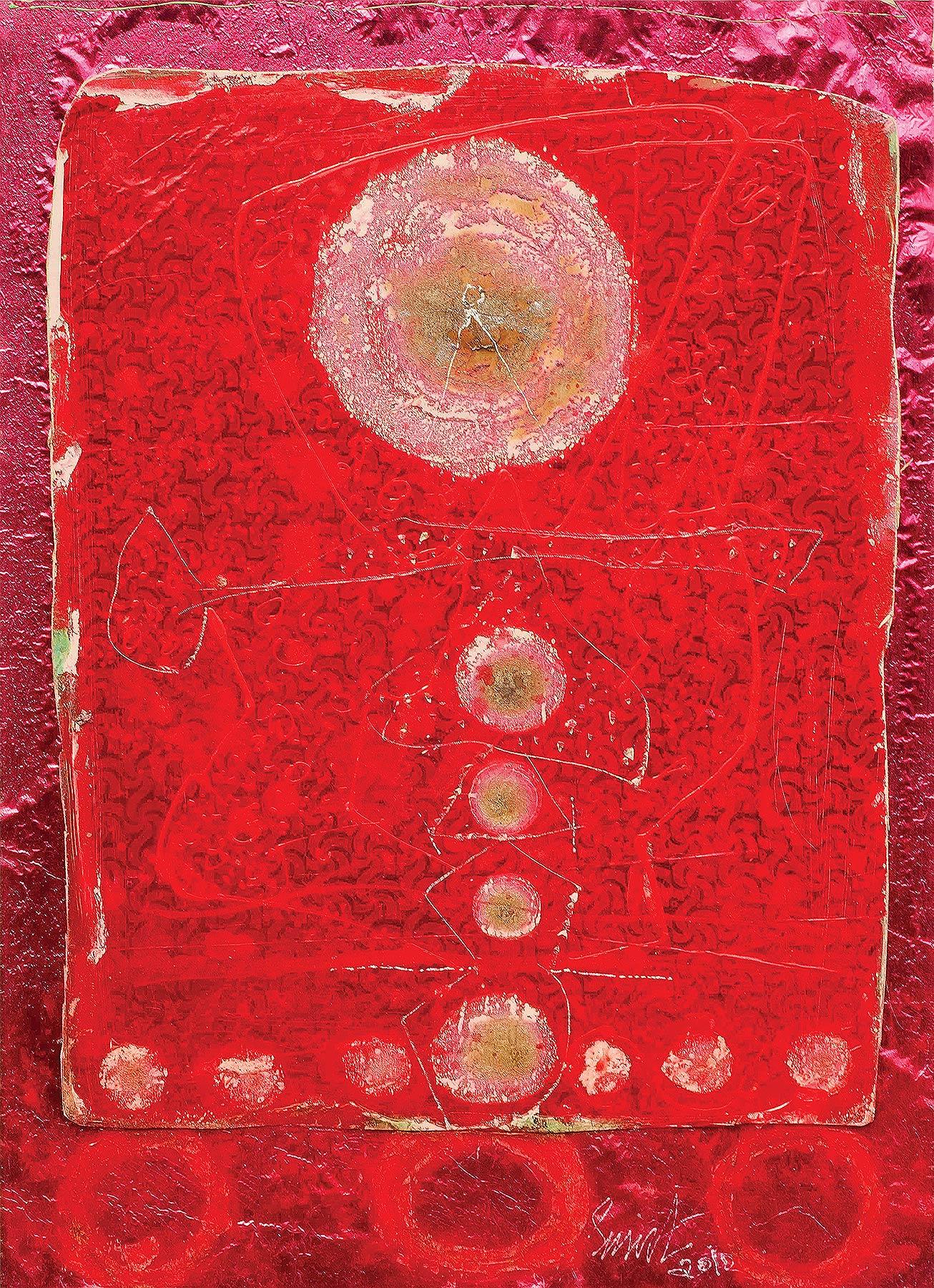 Sunil Das Abstract Painting - Collage Series VI, Mixed Media, Paper, Foil, Acrylic, Red, Pink "In Stock"