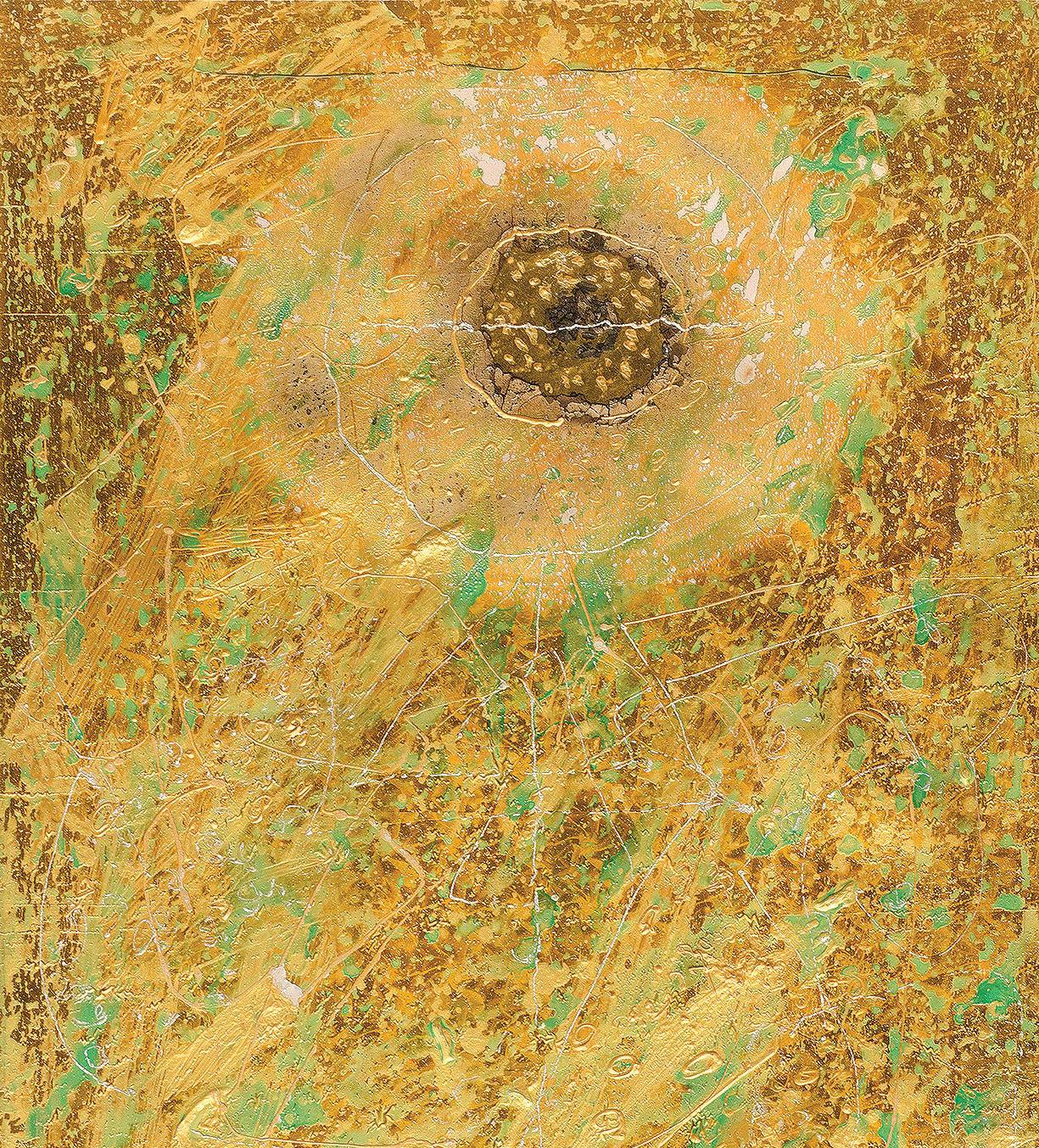 Collage Series VII, Mixed Media, Paper, Foil, Acrylic, Yellow, Green 