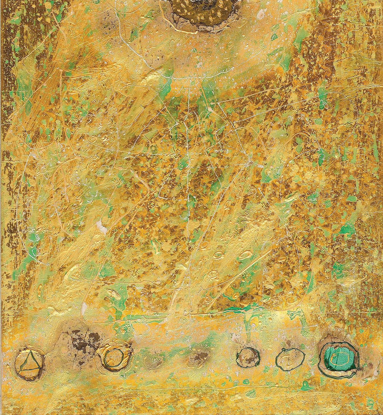 Collage Series VII, Mixed Media, Paper, Foil, Acrylic, Yellow, Green 