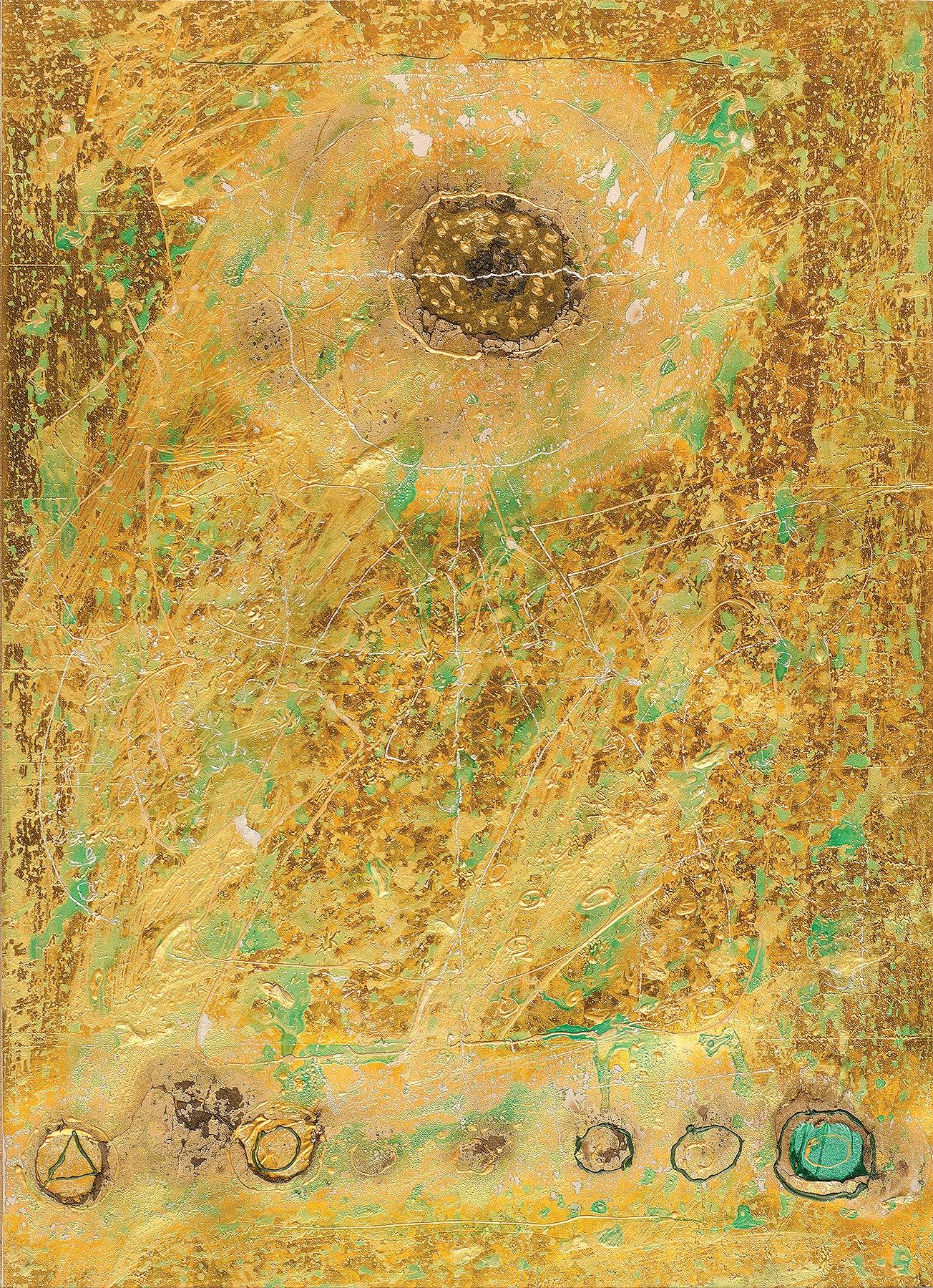 Série de collages VII, techniques mixtes, papier, feuille, acrylique, jaune, vert « en stock » - Mixed Media Art de Sunil Das