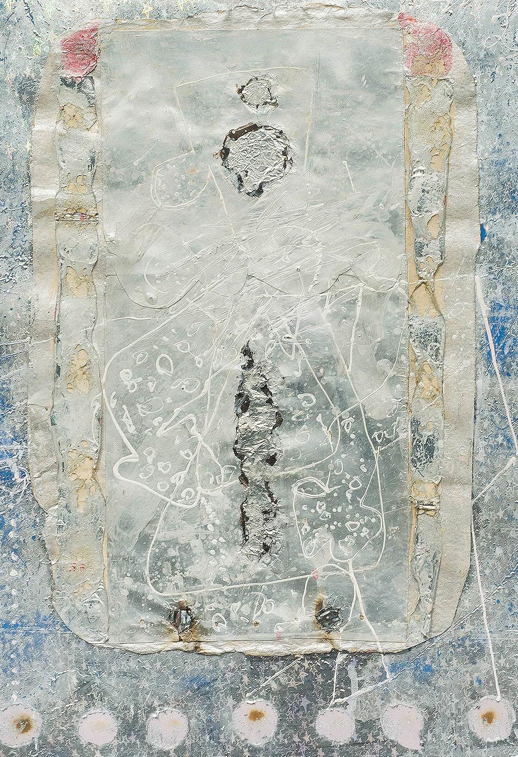 Série de collages VIII, abstrait, technique mixte, papier, feuille, acrylique, bleu « en stock » - Painting de Sunil Das