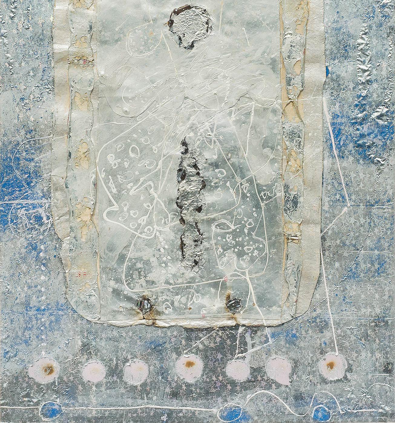 Série de collages VIII, abstrait, technique mixte, papier, feuille, acrylique, bleu « en stock » - Gris Abstract Painting par Sunil Das
