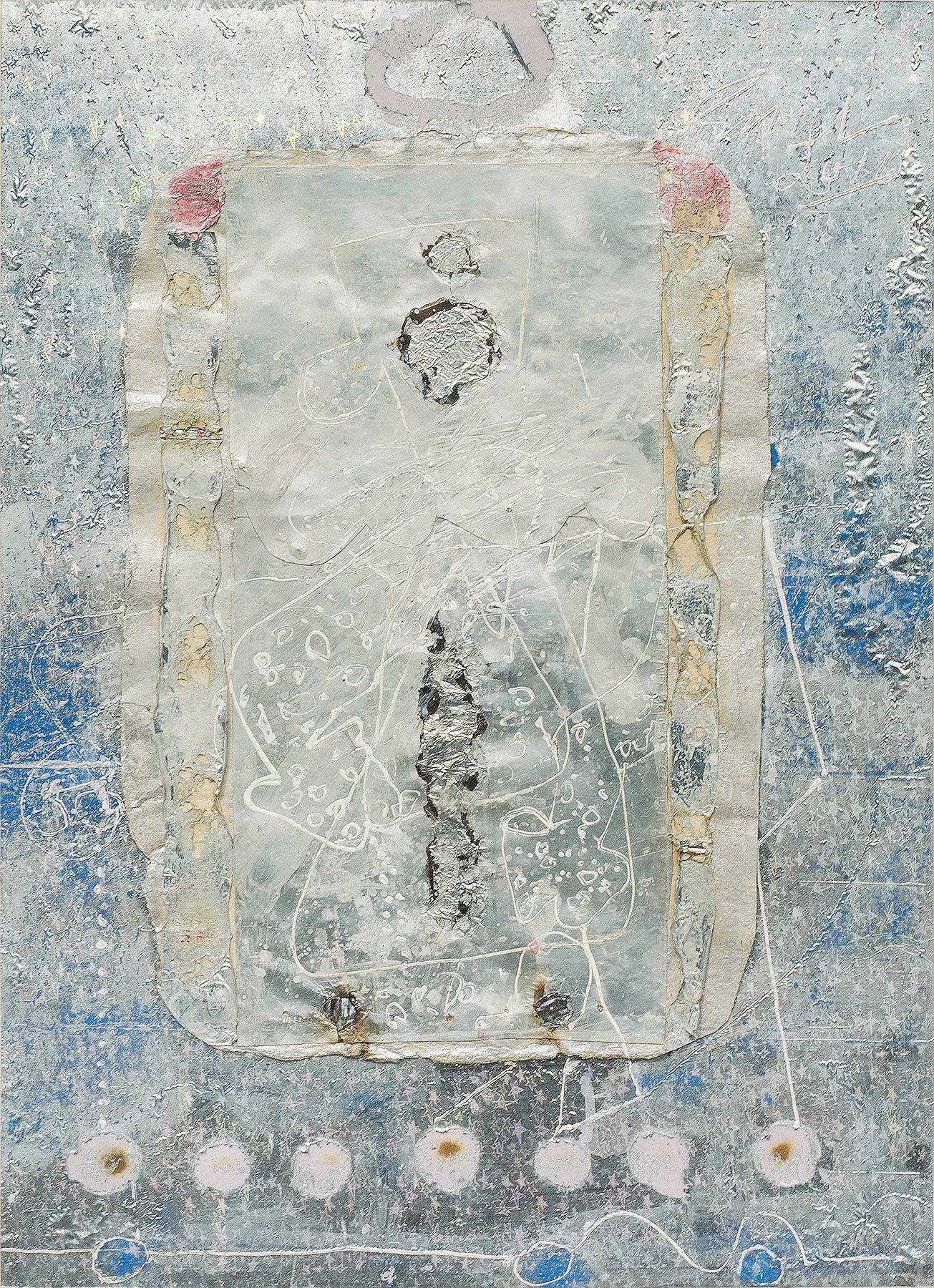 Abstract Painting Sunil Das - Série de collages VIII, abstrait, technique mixte, papier, feuille, acrylique, bleu « en stock »