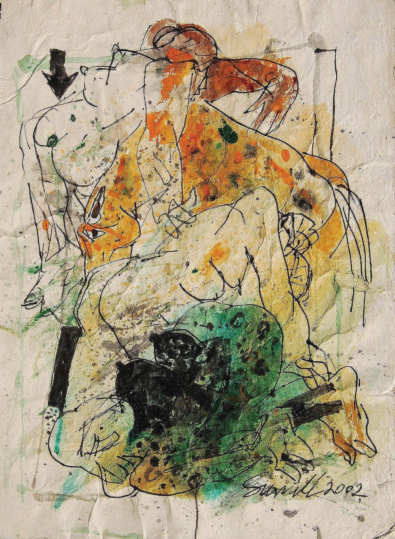 Sunil Das Nude Painting - Colour based Drawings III, Acrylic, Watercolor, Pen, Ink, Brown, Green"In Stock"